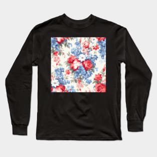 Red White and Blue Patriotic Shabby Floral Long Sleeve T-Shirt